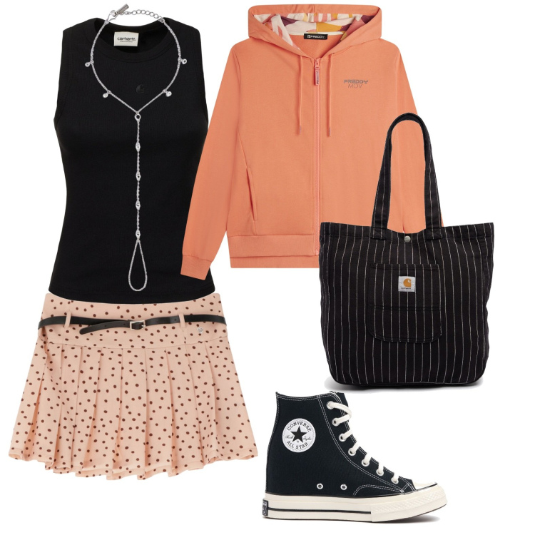 Outfit donna - Total look #2110879. Stile Sporty chic per Tutti i giorni. Abbinamento con maglieria, minigonne, felpe con cappuccio, borse tote, canottiere, sneakers.