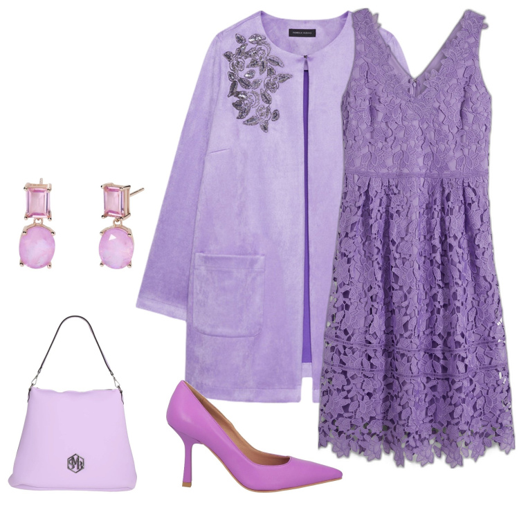 Outfit donna - Total violet. Stile Chic per Cerimonia. Abbinamento con vestiti, borse a spalla, décolleté, orecchini, trench.