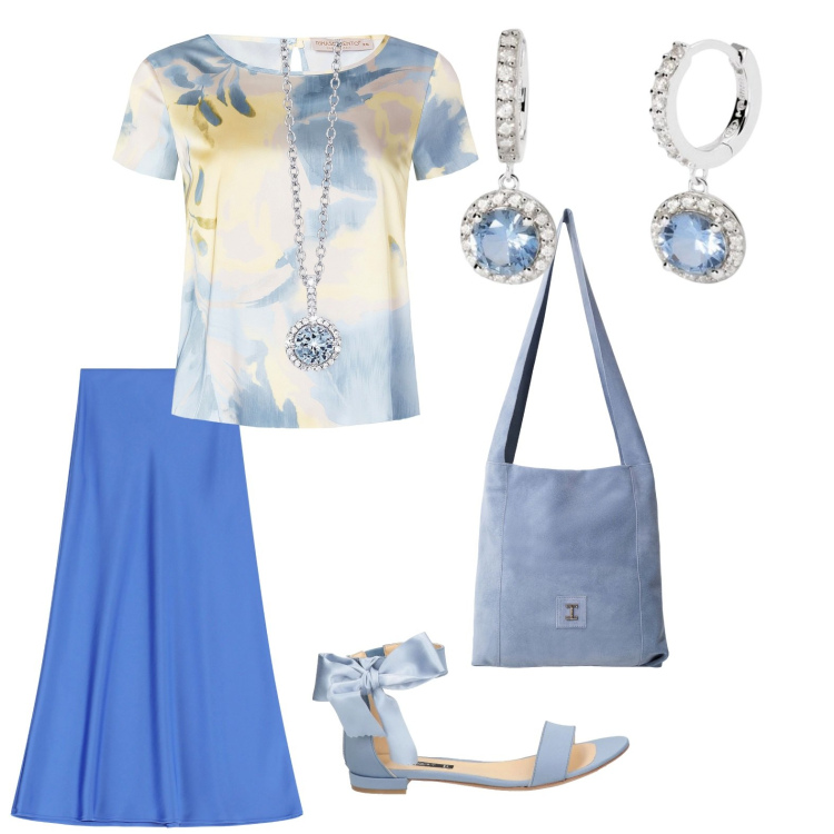 Outfit donna - Confort e stile. Stile Urban per Ufficio. Abbinamento con sandali in pelle, gonne lunghe, borse a tracolla, collane, orecchini, bluse.