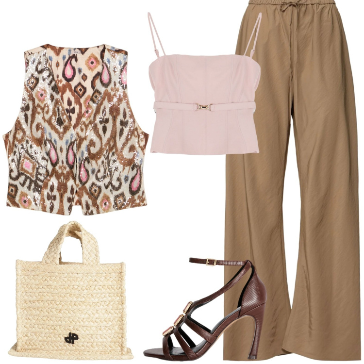 Outfit donna - Patou. Stile 70s per Serata fuori. Abbinamento con borse a mano, top, pantaloni, sandali gioiello, gilet.