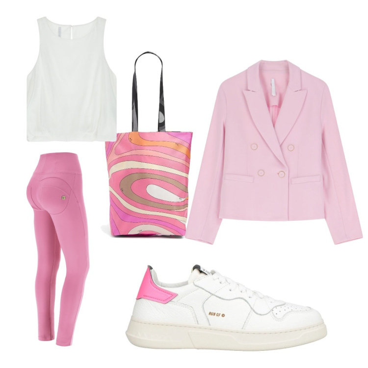 Outfit donna - Look primaverile. Stile Casual per Tutti i giorni. Abbinamento con sneakers, blazer, top, pantaloni skinny, shopping bag.