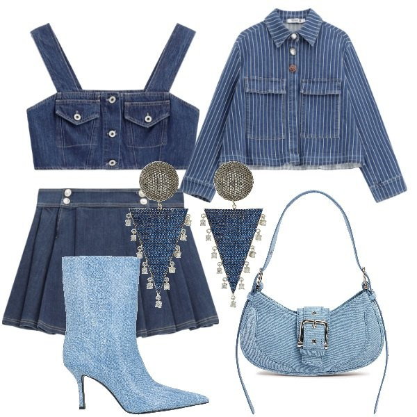 Outfit donna - Blue Jeans. Stile Trendy per Tutti i giorni. Abbinamento con stivaletti, top, minigonne, blazer, borse a spalla, orecchini.