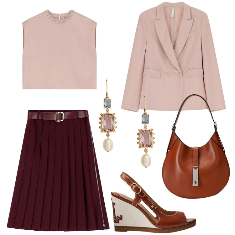 Outfit donna - Imperial Urban Edge. Stile Bon Ton per Ufficio. Abbinamento con blazer, gonne longuette, top, borse a spalla, sandali in pelle, orecchini.
