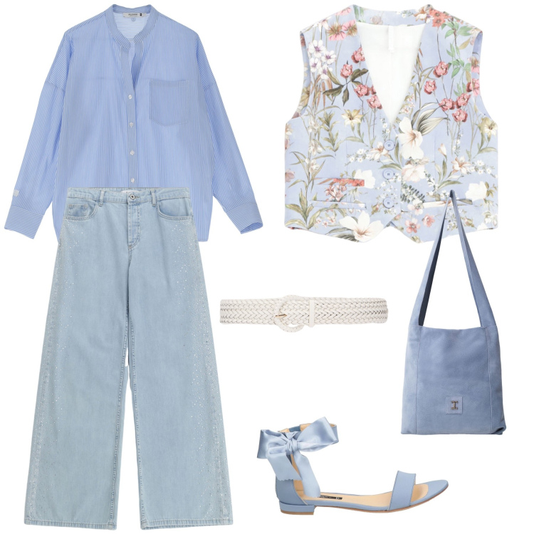 Outfit donna - A spasso in città. Stile Preppy per Tutti i giorni. Abbinamento con sandali in pelle, camicie, jeans, gilet, borse a tracolla, cinture.