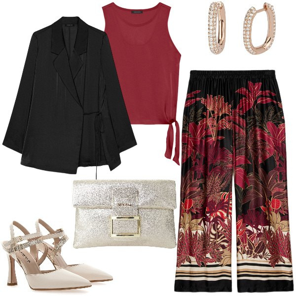 Outfit donna - Fiorella Rubino style. Stile Glamour per Serata fuori. Abbinamento con orecchini, pochette, pantaloni, top, blazer, décolleté.