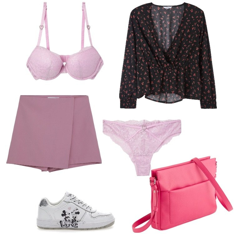 Outfit donna - Total look #2110905. Stile Romantica per Serata fuori. Abbinamento con minigonne, bluse, culotte, reggiseni push-up, sneakers, borse a tracolla.