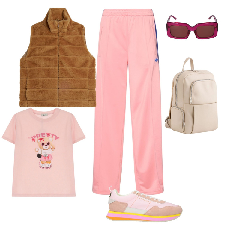 Outfit donna - Passeggiata in ciclabile. Stile Sporty chic per Sport. Abbinamento con sneakers, gilet, t-shirt, pantaloni, occhiali da sole, zaini.