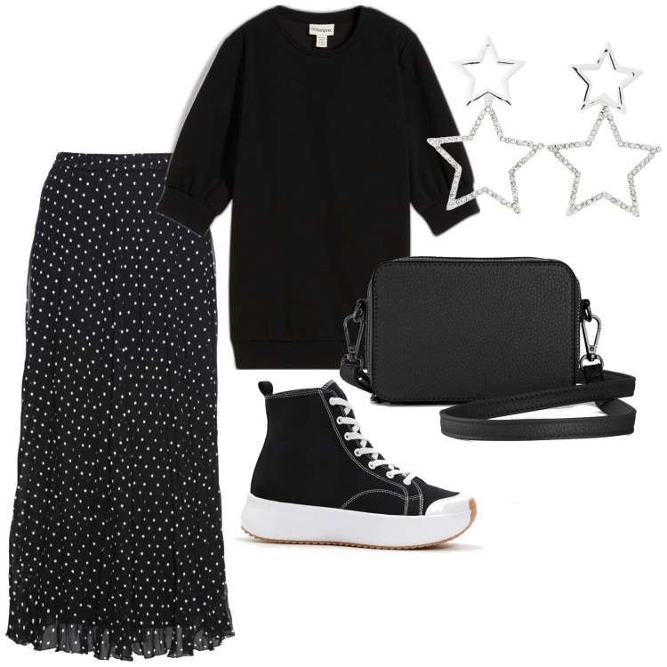 Outfit donna - Athleisure Bonprix. Stile Sporty chic per Tutti i giorni. Abbinamento con gonne, felpe, borse a tracolla, sneakers alte, orecchini.