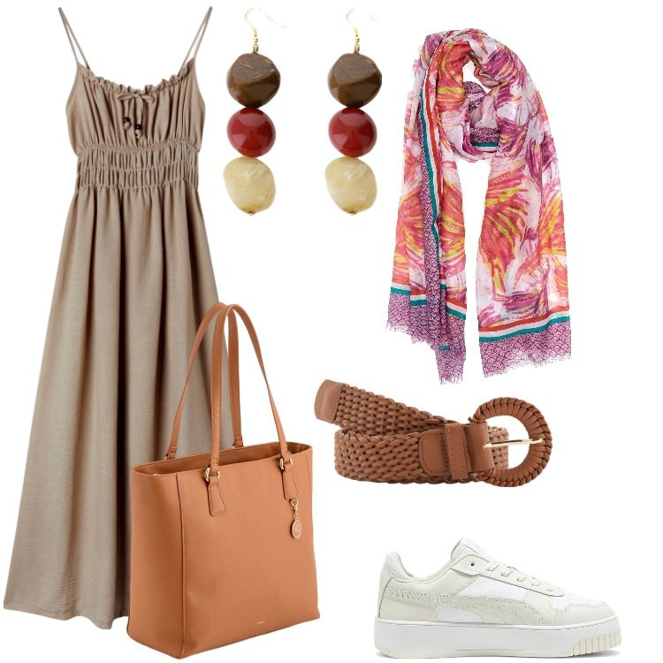 Outfit donna - Sfere pendenti. Stile Etnico per Tutti i giorni. Abbinamento con vestiti lunghi, orecchini, sneakers, sciarpe, shopping bag, cinture.