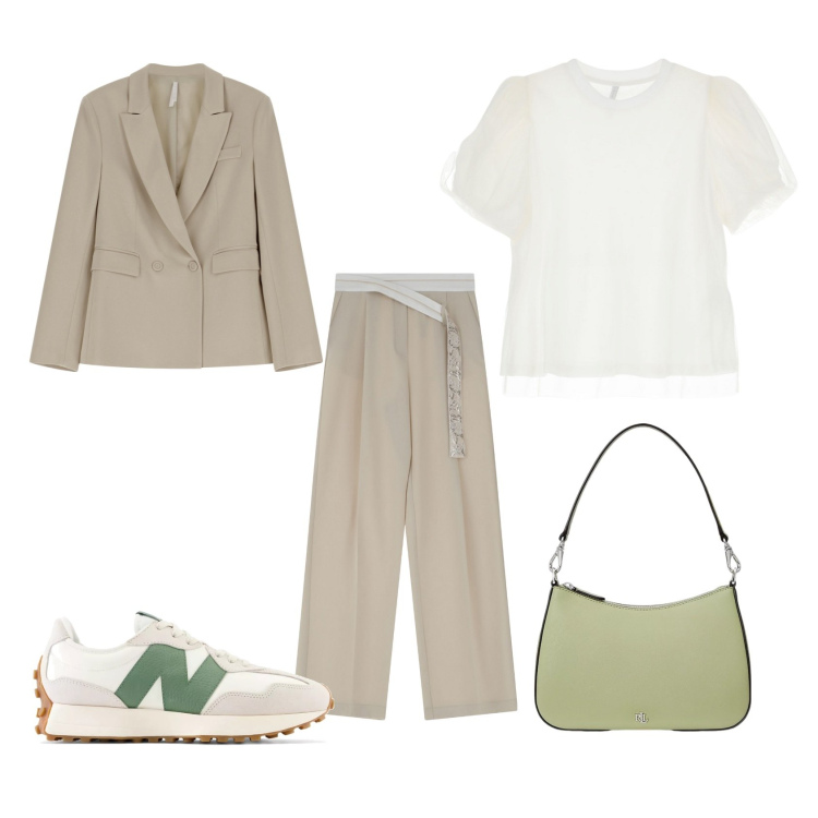 Outfit donna - Comodità in ufficio. Stile Urban per Ufficio. Abbinamento con sneakers, pantaloni, t-shirt, blazer, borse a spalla.