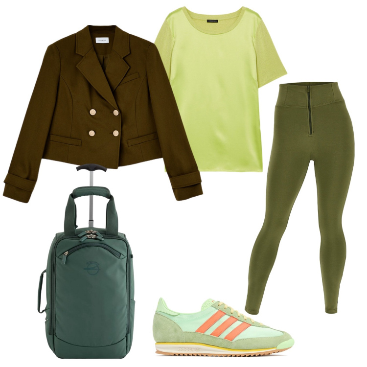 Outfit donna - Athleisure in viaggio. Stile Sporty chic per Tutti i giorni. Abbinamento con pantaloni skinny, t-shirt, sneakers, blazer, valigie.