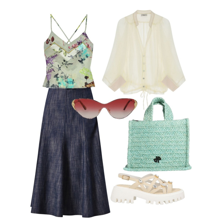 Outfit donna - Voile mood. Stile Casual chic per Tutti i giorni. Abbinamento con borse a mano, occhiali da sole, sandali in pelle, canottiere, camicie, gonne longuette.