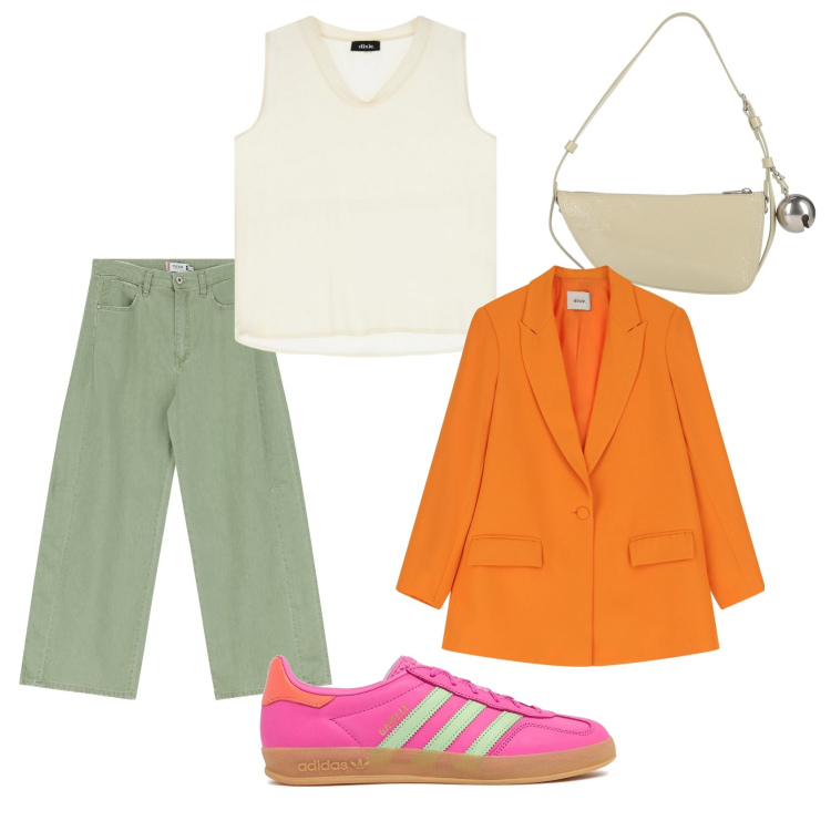 Outfit donna - Esplosione di colore. Stile Casual per Tutti i giorni. Abbinamento con borse a mano, pantaloni a palazzo, blazer, top, sneakers.