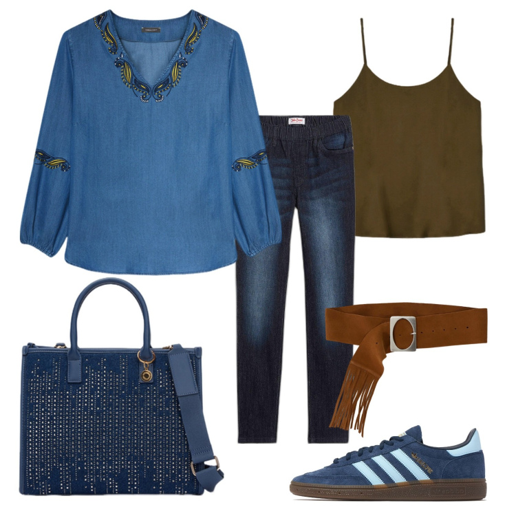 Outfit donna - Total look #2110940. Stile Casual chic per Ufficio. Abbinamento con jeggings, cinture, bluse, sneakers, borse a mano, top.