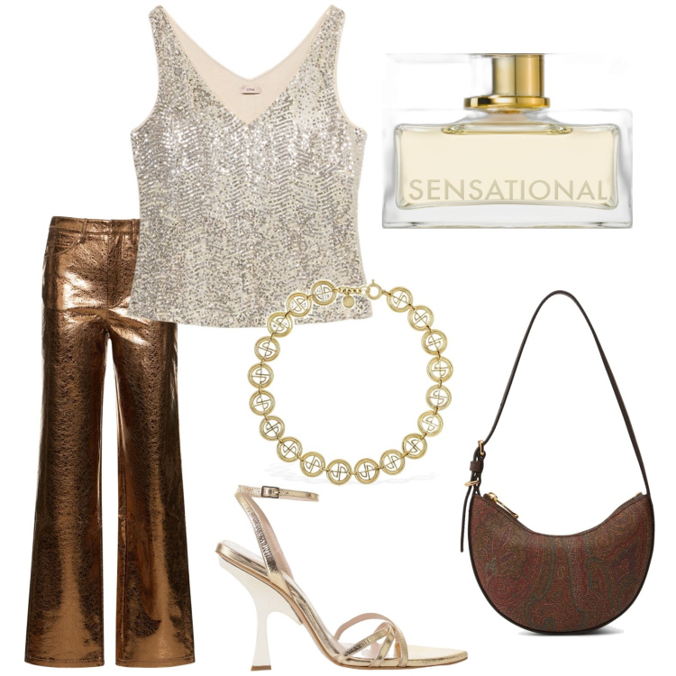 Outfit donna - Febbre del sabato sera. Stile Vintage retrò per Serata fuori. Abbinamento con profumi, sandali col tacco, pantaloni, borse a spalla, collane, top.