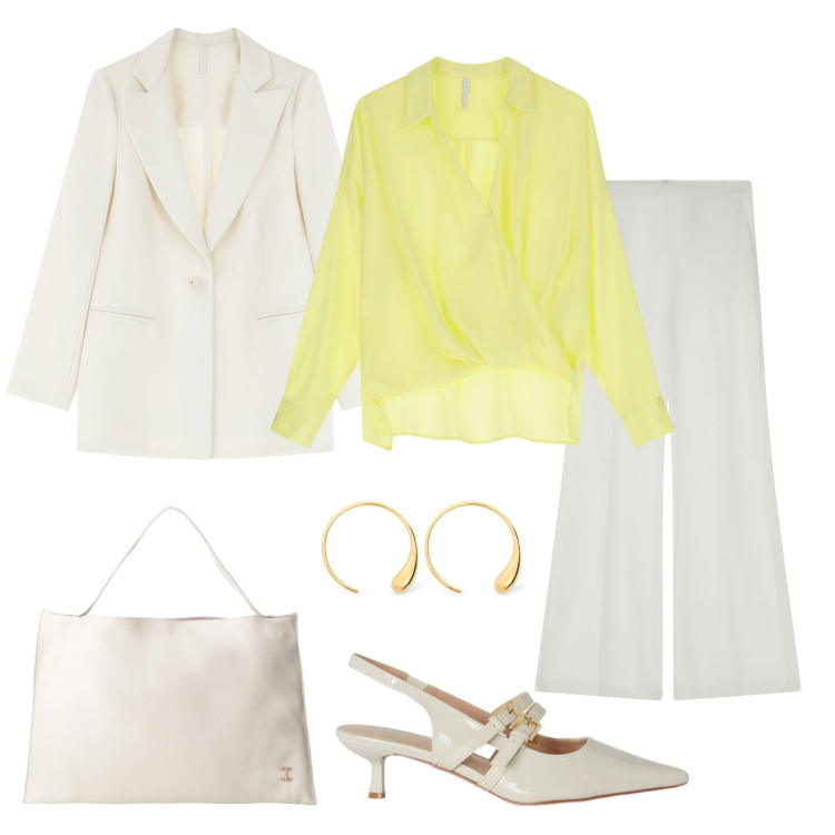Outfit donna - Sorbetto al limone. Stile Casual chic per Ufficio. Abbinamento con blazer, pantaloni, borse a spalla, bluse, orecchini, décolleté.