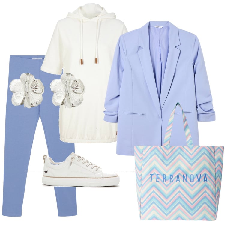 Outfit donna - Leggings e giacca. Stile Sporty chic per Tutti i giorni. Abbinamento con felpe con cappuccio, sneakers, blazer, leggings, borse tote, orecchini.
