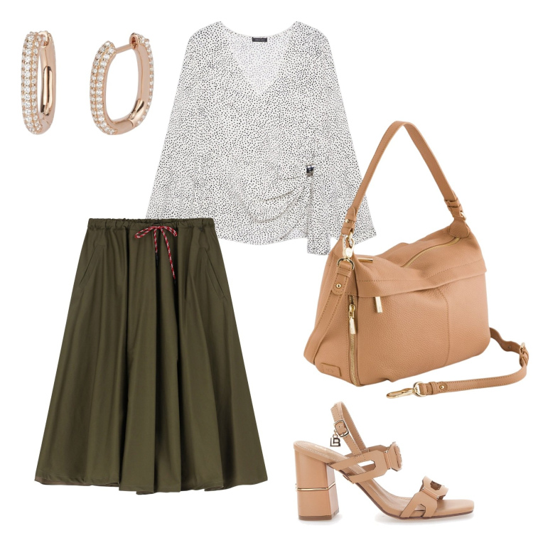 Outfit donna - Total look #2110948. Stile Casual chic per Tutti i giorni. Abbinamento con orecchini, gonne longuette, sandali col tacco, bluse, borse a tracolla.