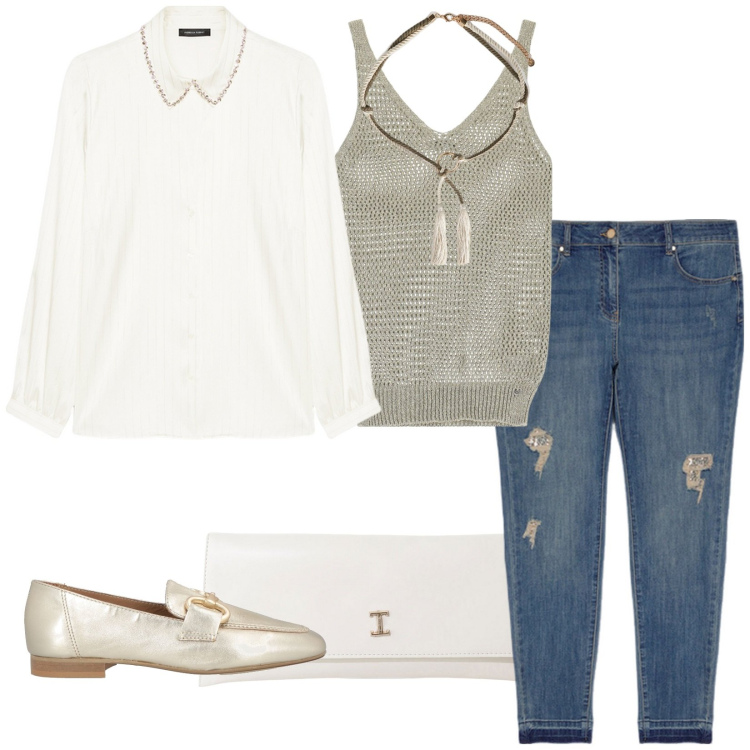 Outfit donna - Naturali. Stile Casual chic per Ufficio. Abbinamento con mocassini, canottiere, pochette, camicie, jeans strappati, cinture.