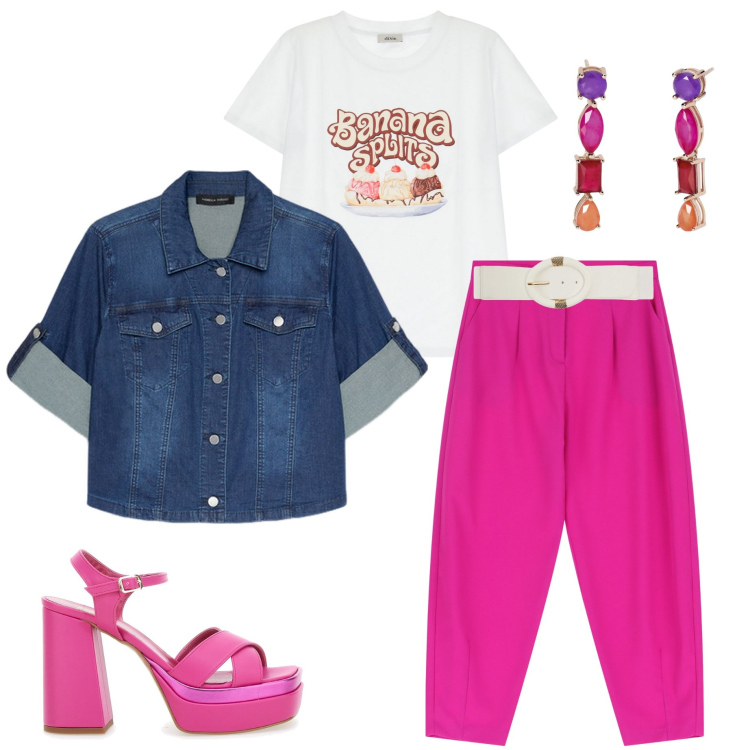Outfit donna - Accessori statement. Stile Casual chic per Serata fuori. Abbinamento con cinture, orecchini, pantaloni, t-shirt, blazer, sandali col tacco.