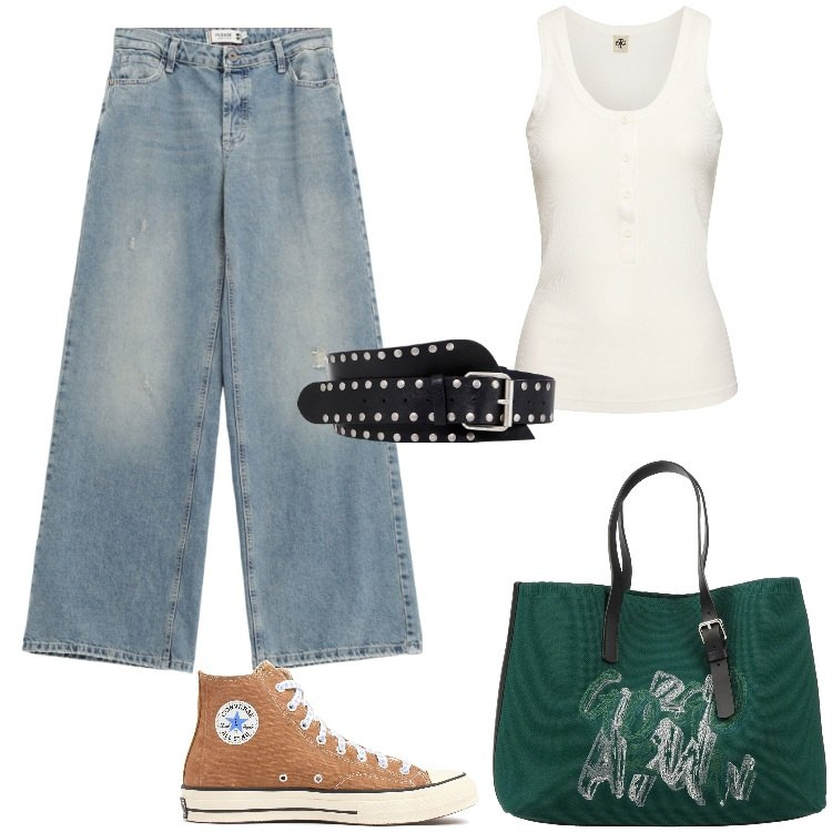 Outfit donna - Intramontabili sneakers. Stile Urban per Tutti i giorni. Abbinamento con borse a mano, jeans, cinture, sneakers, canottiere.