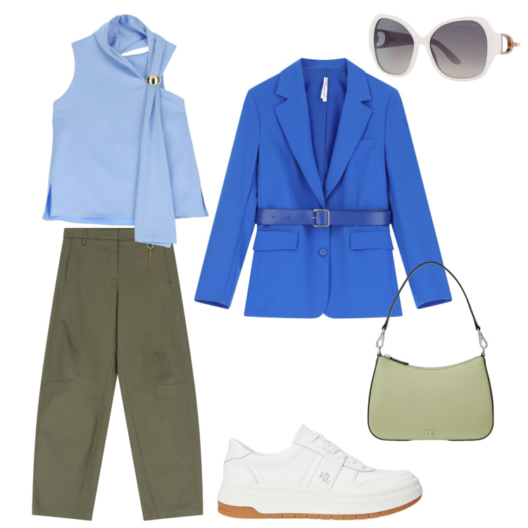 Outfit donna - In blu. Stile Casual chic per Ufficio. Abbinamento con blazer, top, pantaloni, sneakers, occhiali da sole, borse a spalla.
