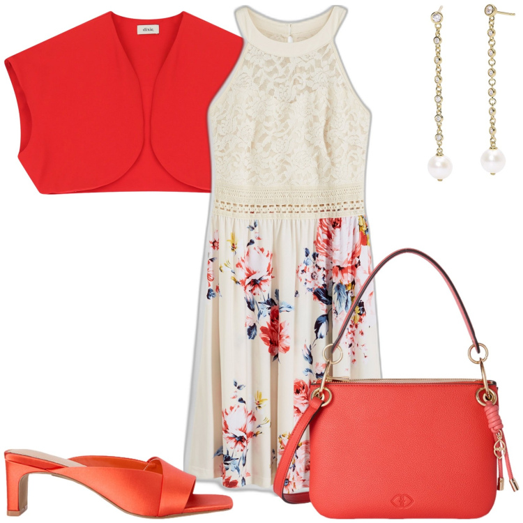 Outfit donna - Il pranzo di domenica. Stile Glamour per Tutti i giorni. Abbinamento con vestiti, orecchini, gilet, borse a tracolla, sabot.