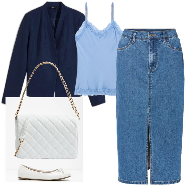 Outfit donna - Aperitivo in riviera. Stile Casual per Tutti i giorni. Abbinamento con ballerine, blazer, gonne lunghe, borse a tracolla, top.