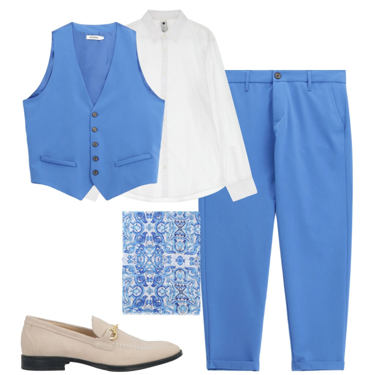 Outfit uomo - Cerimonia. Stile Trendy per Cerimonia. Abbinamento con scarpe stringate, gilet, camicie, sciarpe e foulard, pantaloni.