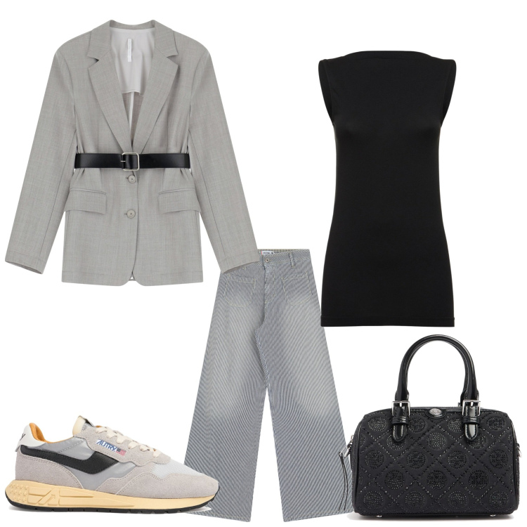Outfit donna - Sporty love. Stile Sporty chic per Ufficio. Abbinamento con jeans a zampa, blazer, borse a mano, sneakers, top.