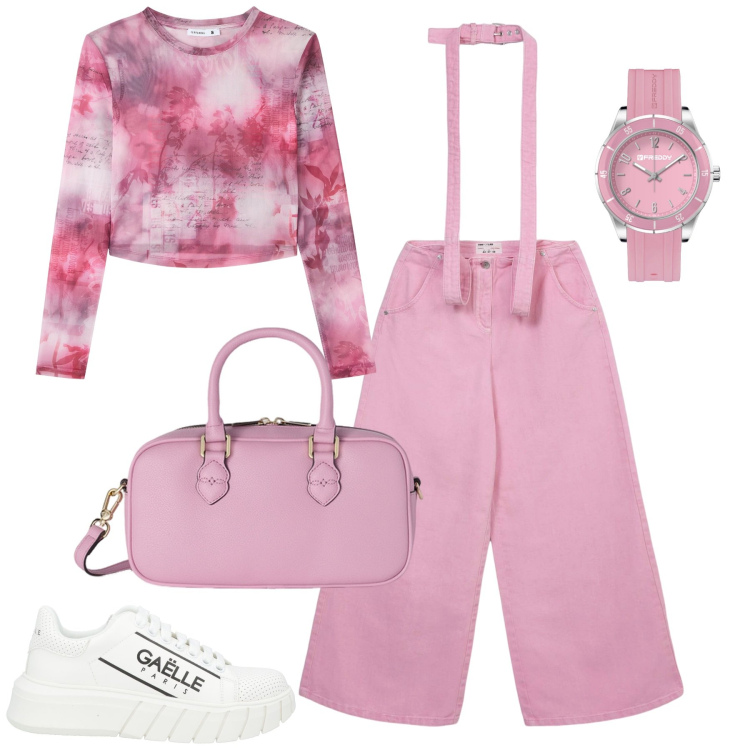 Outfit donna - City. Stile Casual per Tutti i giorni. Abbinamento con sneakers, t-shirt, jeans a zampa, orologi, borse a mano.