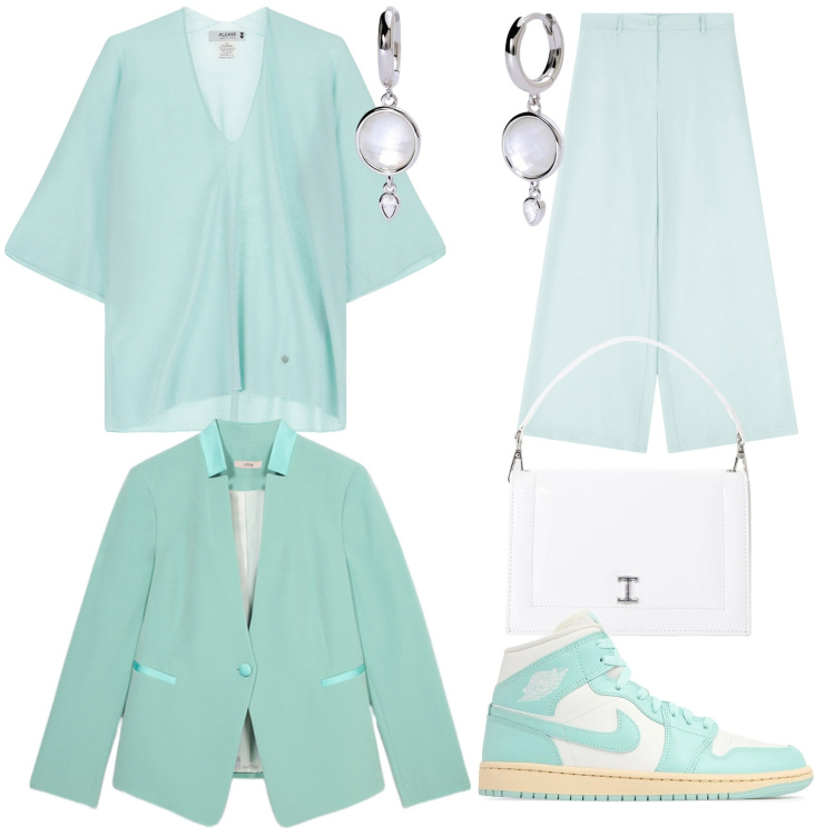 Outfit donna - In verde acqua. Stile Casual chic per Serata fuori. Abbinamento con orecchini, pantaloni, maglieria, borse a tracolla, sneakers, blazer.