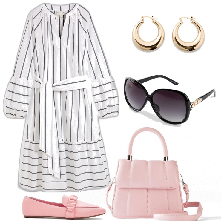 Outfit donna - Abito a righe e accessori rosa. Stile Bon Ton per Tutti i giorni. Abbinamento con mocassini, occhiali da sole, vestiti midi/longuette, borse a tracolla, orecchini.