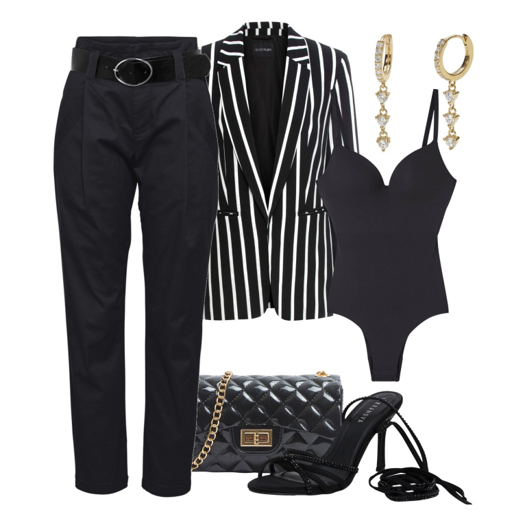 Outfit donna - La giacca glam. Stile Glamour per Serata fuori. Abbinamento con pantaloni, blazer, borse a tracolla, body, sandali alla schiava, orecchini.