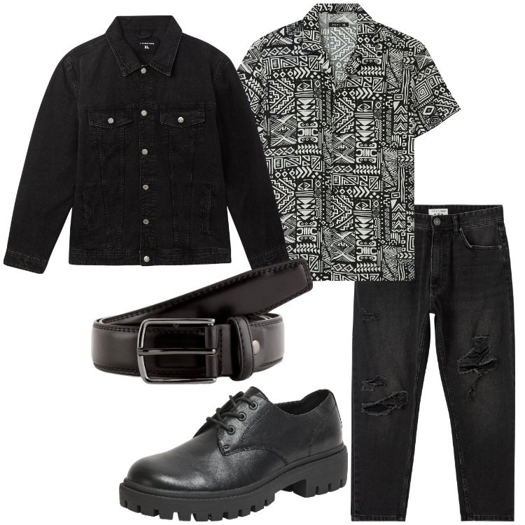 Outfit uomo - Stampe geometriche. Stile Trendy per Serata speciale. Abbinamento con jeans strappati, giacche, camicie a manica corta, scarpe stringate, cinture.