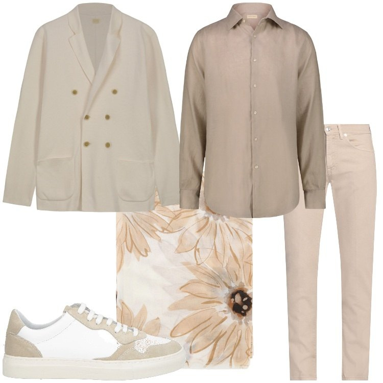 Outfit uomo - Look monocromatico. Stile Business/Elegante per Ufficio. Abbinamento con pantaloni, sneakers, sciarpe e foulard, camicie, cardigans.
