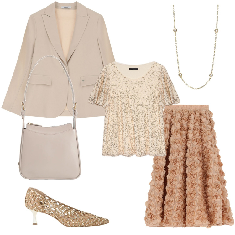 Outfit donna - Gradazioni di colore. Stile Chic per Cerimonia. Abbinamento con borse a mano, collane, blazer, décolleté, gonne, t-shirt.