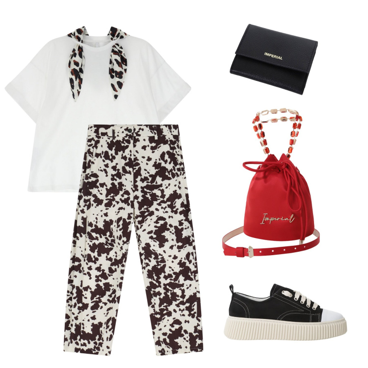 Outfit donna - Total look #2111058. Stile Casual chic per Ufficio. Abbinamento con sneakers, borse a secchiello, pantaloni, portafogli, t-shirt.