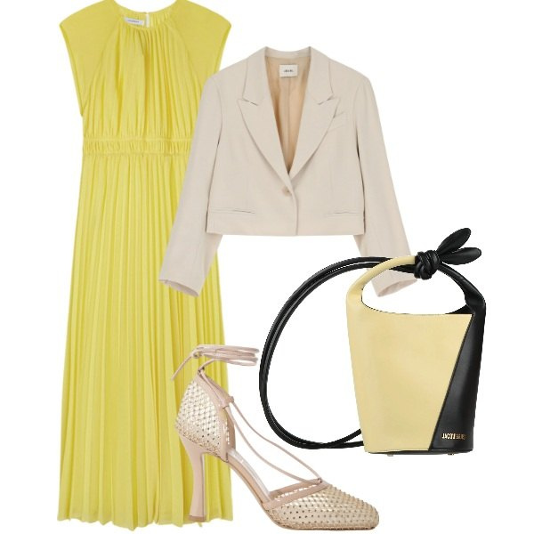 Outfit donna - Compleanno a sopresa. Stile Casual chic per Serata fuori. Abbinamento con borse a secchiello, blazer, décolleté, vestiti lunghi.