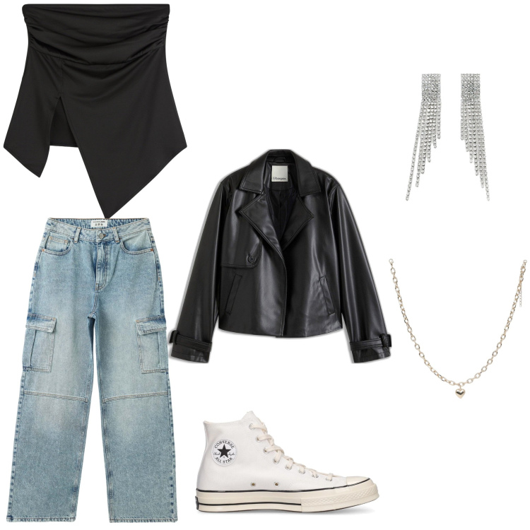 Outfit donna - Total look #2111084. Stile Casual per Tutti i giorni. Abbinamento con trench, top, collane, jeans, orecchini, sneakers.