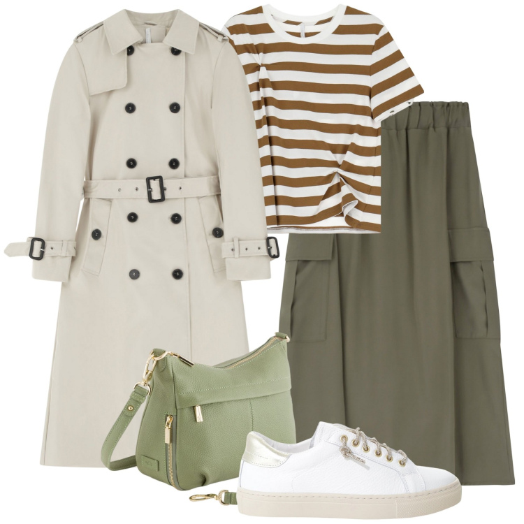 Outfit donna - Imperial Urban Edge. Stile Casual chic per Ufficio. Abbinamento con gonne lunghe, sneakers, t-shirt, trench, borse a tracolla.