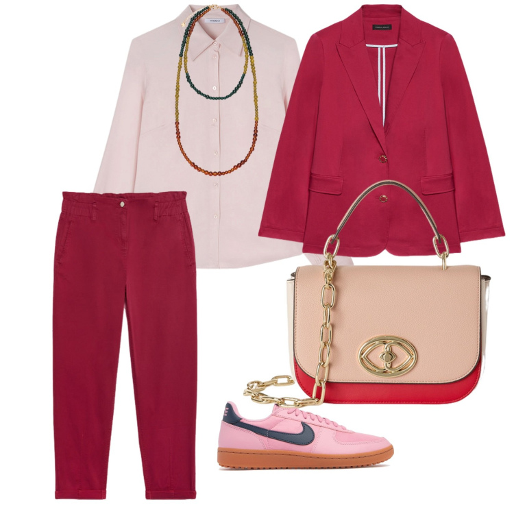 Outfit donna - Tonalità sorbetto. per Ufficio. Abbinamento con pantaloni, blazer, sneakers, borse a tracolla, ciondoli, camicie.