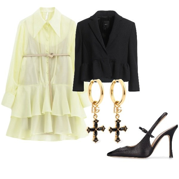 Outfit donna - Serata fuori. Stile Glamour per Serata fuori. Abbinamento con blazer, vestiti corti, orecchini, décolleté.