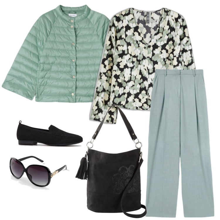 Outfit donna - Acqua. Stile Casual chic per Ufficio. Abbinamento con borse a mano, occhiali da sole, mocassini, bluse, pantaloni a palazzo, cappe.