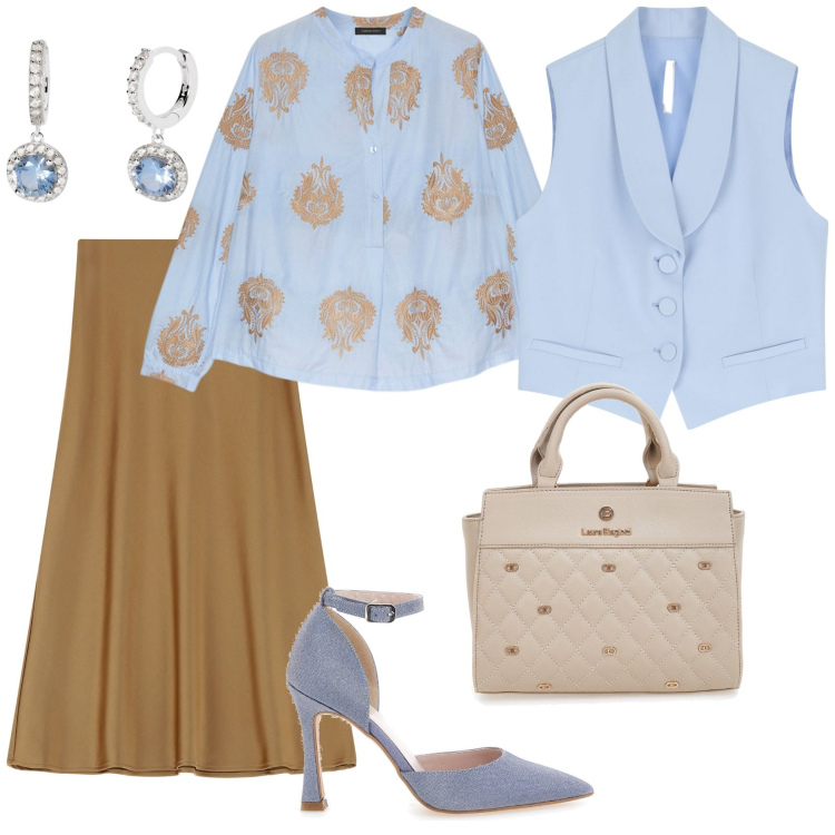 Outfit donna - Gonne a trapezio. per Ufficio. Abbinamento con orecchini, gonne longuette, gilet, bluse, décolleté, borse a mano.