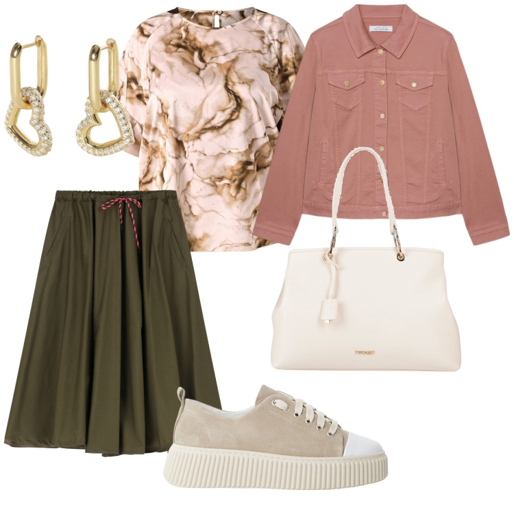 Outfit donna - Gonne a trapezio. per Tutti i giorni. Abbinamento con borse a mano, orecchini, bluse, sneakers, gonne longuette, blazer.