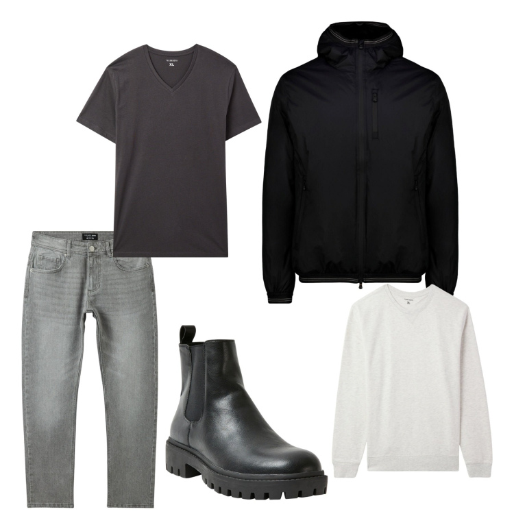 Outfit uomo - B/N. Stile Urban per Tutti i giorni. Abbinamento con stivali e stivaletti, jeans, felpe, t-shirt, giacche.