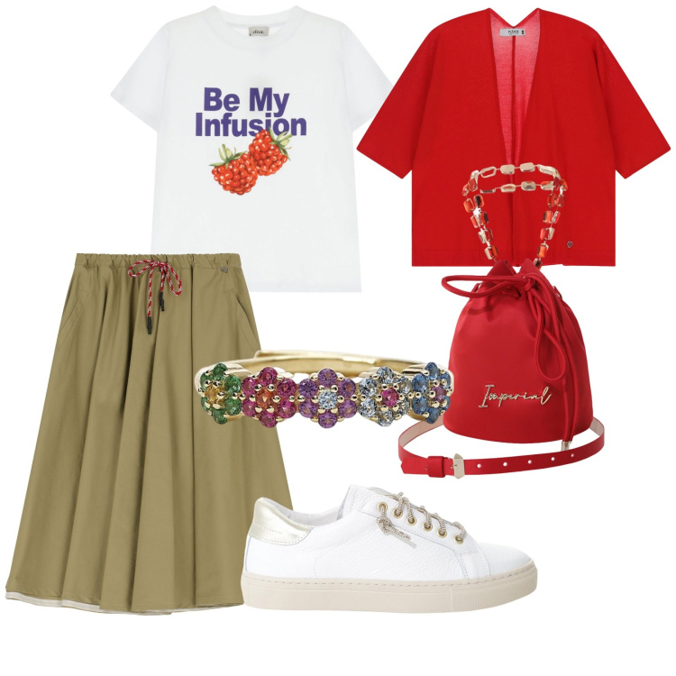 Outfit donna - Gonne a trapezio. per Tutti i giorni. Abbinamento con anelli, cardigans, sneakers, borse a secchiello, gonne longuette, t-shirt.