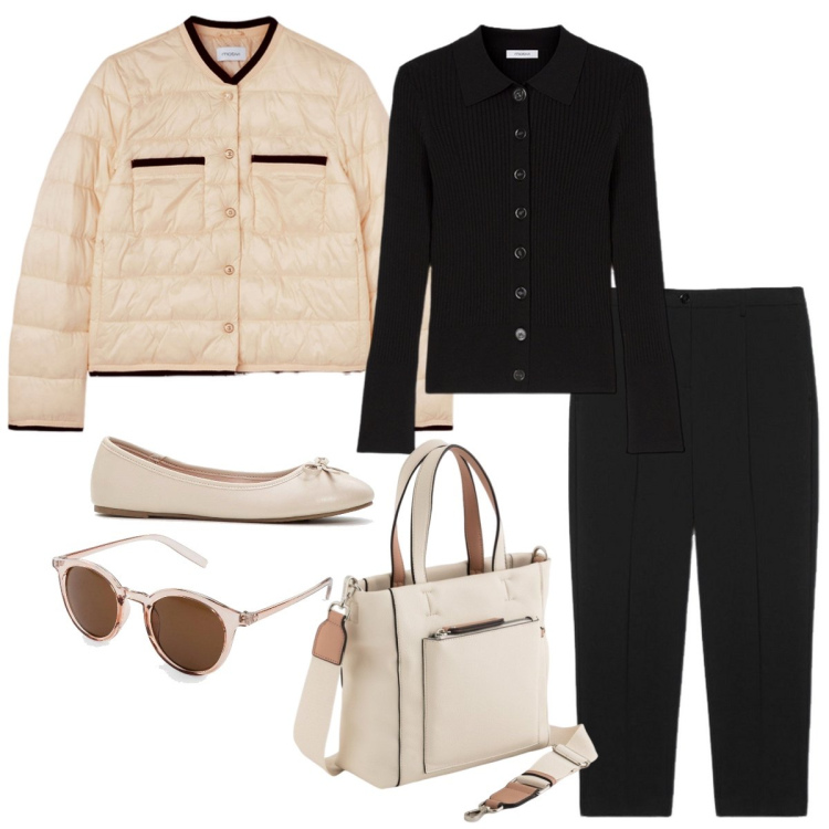 Outfit donna - Ufficio. Stile Casual chic per Ufficio. Abbinamento con occhiali da sole, ballerine, piumini, pantaloni, cardigans, borse a mano.