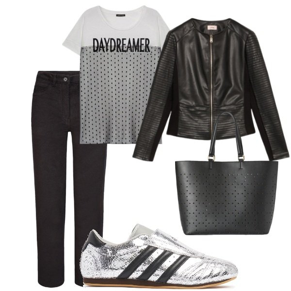 Outfit donna - A spasso per la città. Stile Casual per Tutti i giorni. Abbinamento con pantaloni, sneakers, giacche, t-shirt, shopping bag.